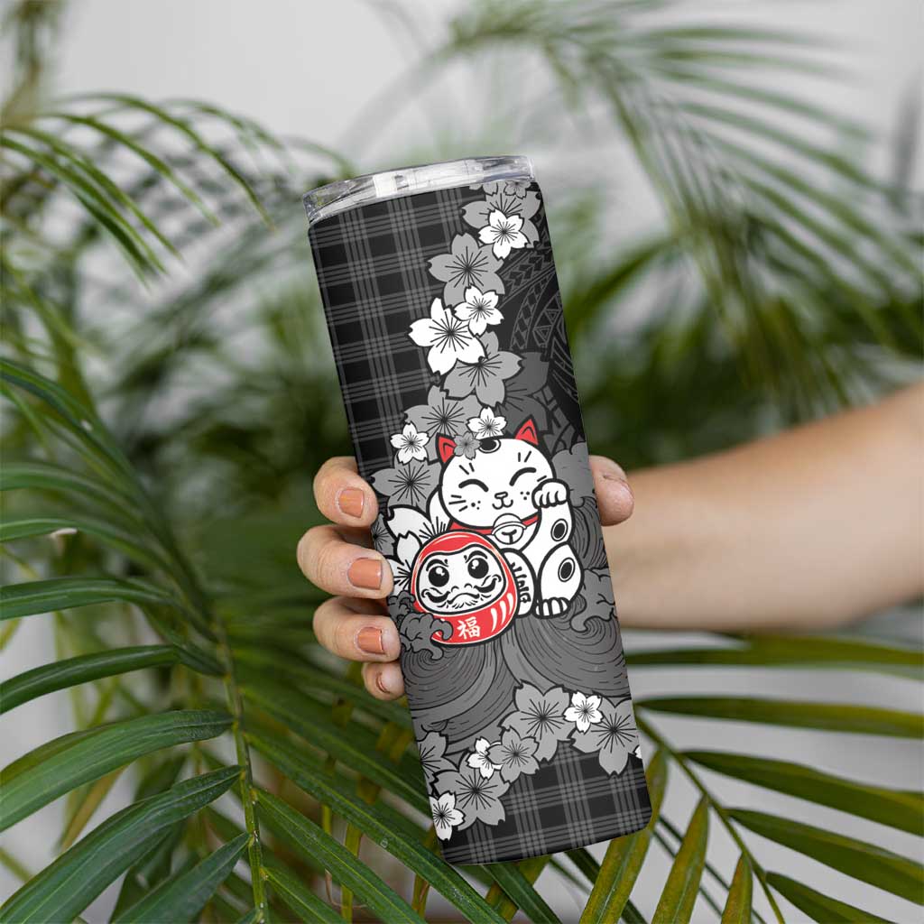 Black Palaka Hawaiian And Japanese Skinny Tumbler Maneki Neko And Sakura Bloom DT05 - Polynesian Pride