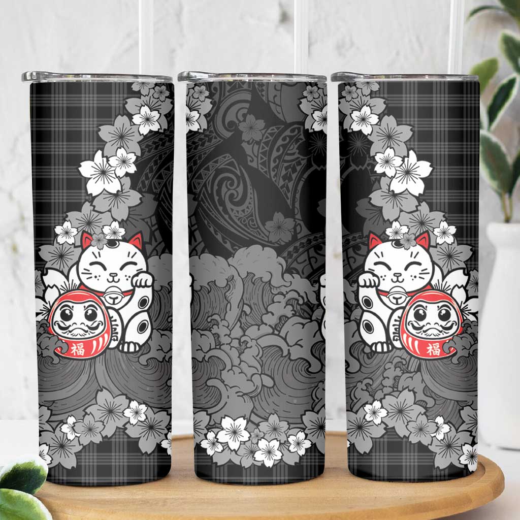 Black Palaka Hawaiian And Japanese Skinny Tumbler Maneki Neko And Sakura Bloom DT05 - Polynesian Pride