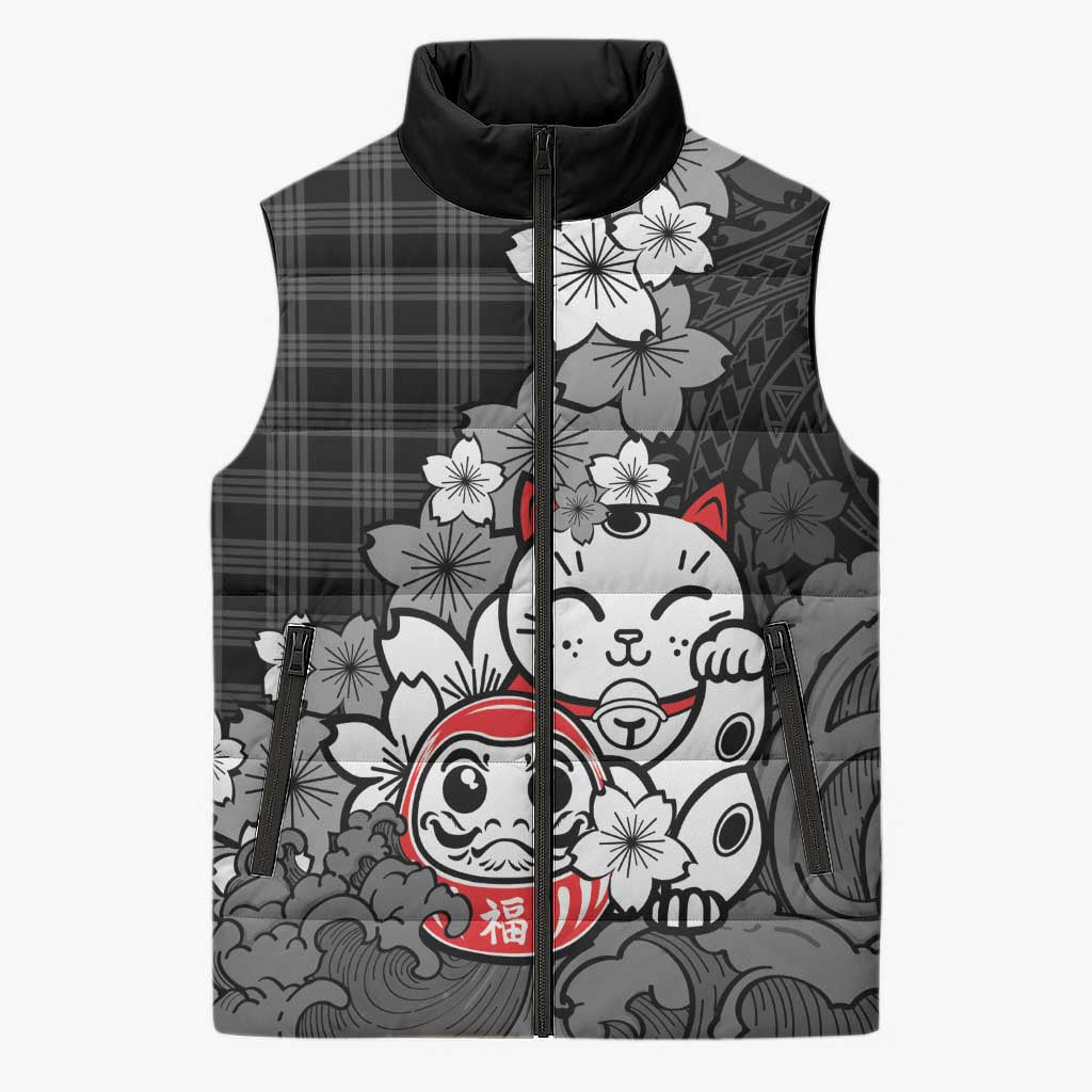 Black Palaka Hawaiian And Japanese Sleeveless Puffer Jacket Maneki Neko And Sakura Bloom