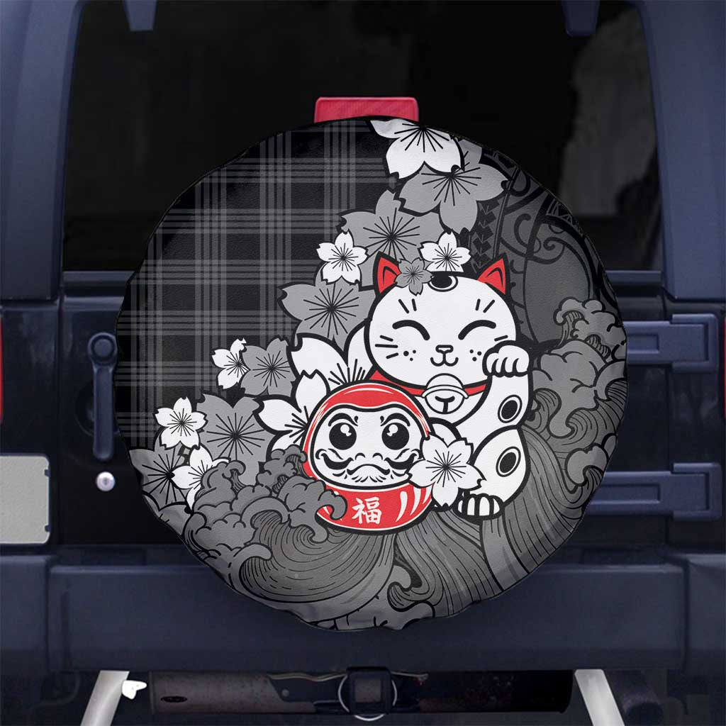 Black Palaka Hawaiian And Japanese Spare Tire Cover Maneki Neko And Sakura Bloom