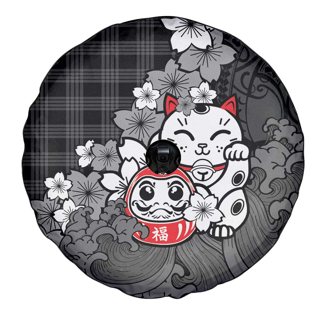 Black Palaka Hawaiian And Japanese Spare Tire Cover Maneki Neko And Sakura Bloom