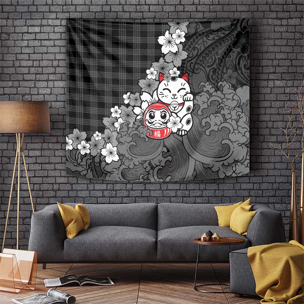 Black Palaka Hawaiian And Japanese Tapestry Maneki Neko And Sakura Bloom