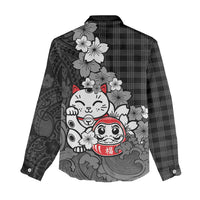 Black Palaka Hawaiian And Japanese Women Casual Shirt Maneki Neko And Sakura Bloom