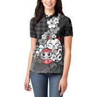 Black Palaka Hawaiian And Japanese Women Polo Shirt Maneki Neko And Sakura Bloom