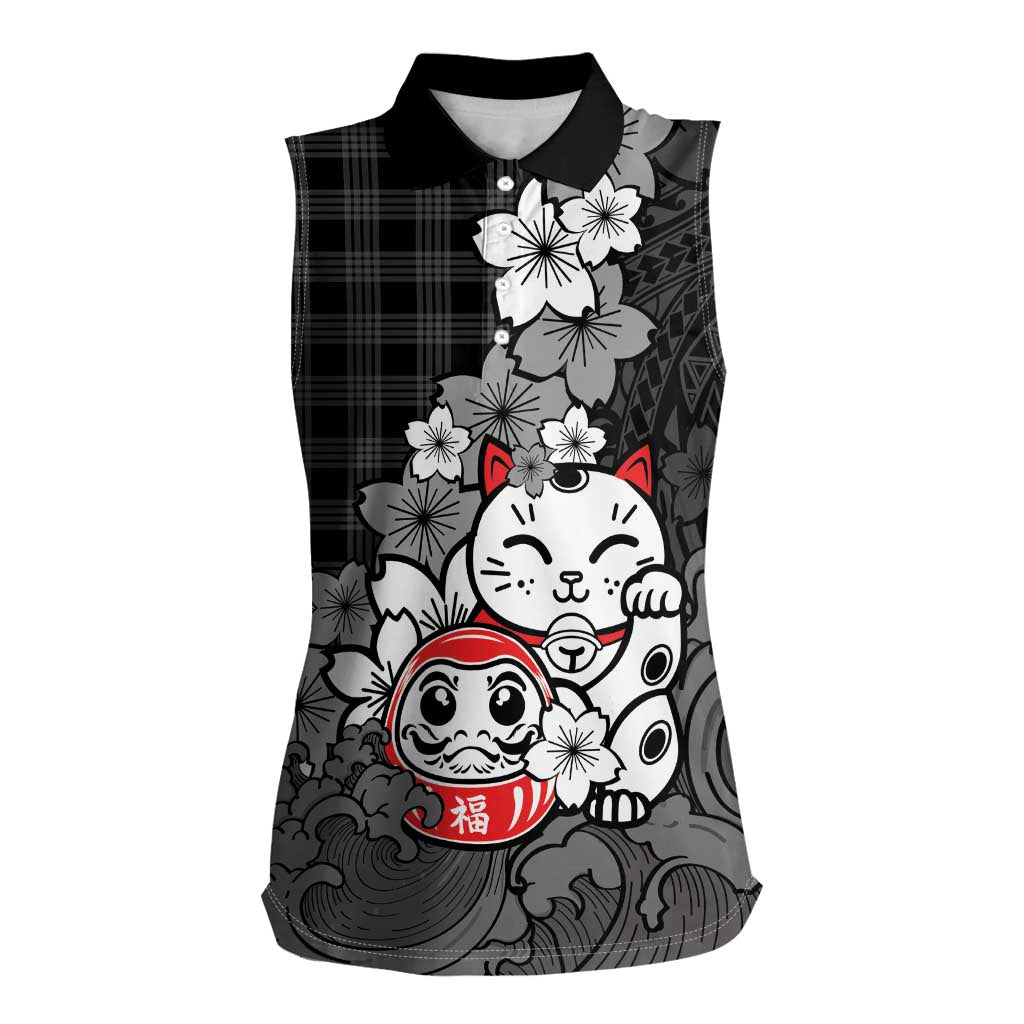 Black Palaka Hawaiian And Japanese Women Sleeveless Polo Shirt Maneki Neko And Sakura Bloom DT05 Female Black - Polynesian Pride