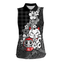 Black Palaka Hawaiian And Japanese Women Sleeveless Polo Shirt Maneki Neko And Sakura Bloom DT05 Female Black - Polynesian Pride