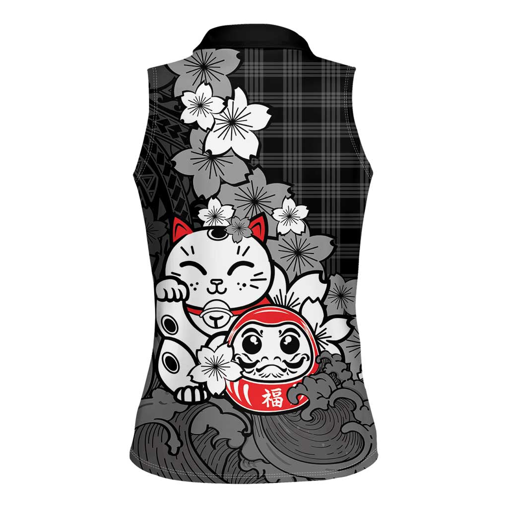 Black Palaka Hawaiian And Japanese Women Sleeveless Polo Shirt Maneki Neko And Sakura Bloom DT05 - Polynesian Pride