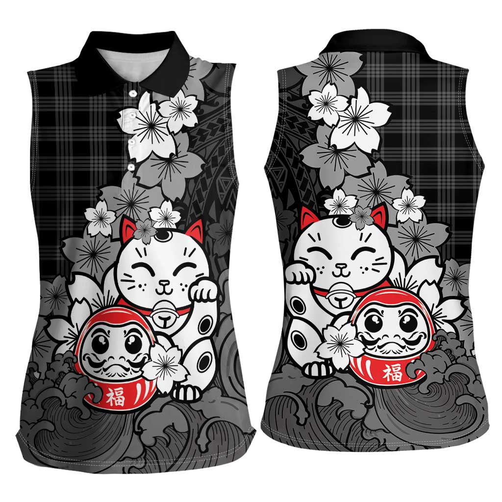 Black Palaka Hawaiian And Japanese Women Sleeveless Polo Shirt Maneki Neko And Sakura Bloom DT05 - Polynesian Pride