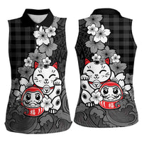Black Palaka Hawaiian And Japanese Women Sleeveless Polo Shirt Maneki Neko And Sakura Bloom DT05 - Polynesian Pride