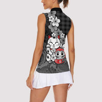 Black Palaka Hawaiian And Japanese Women Sleeveless Polo Shirt Maneki Neko And Sakura Bloom DT05 - Polynesian Pride