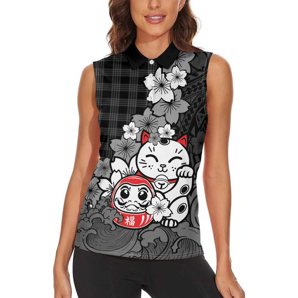 Black Palaka Hawaiian And Japanese Women Sleeveless Polo Shirt Maneki Neko And Sakura Bloom DT05 - Polynesian Pride