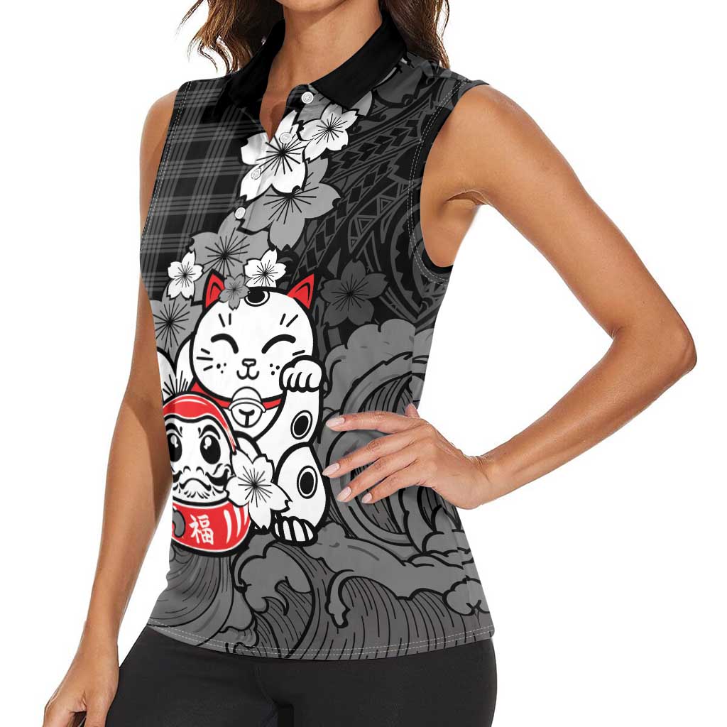 Black Palaka Hawaiian And Japanese Women Sleeveless Polo Shirt Maneki Neko And Sakura Bloom DT05 - Polynesian Pride