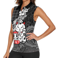 Black Palaka Hawaiian And Japanese Women Sleeveless Polo Shirt Maneki Neko And Sakura Bloom DT05 - Polynesian Pride