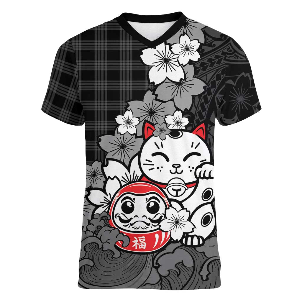 Black Palaka Hawaiian And Japanese Women V-Neck T-Shirt Maneki Neko And Sakura Bloom DT05 Female Black - Polynesian Pride