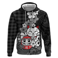 Black Palaka Hawaiian And Japanese Zip Hoodie Maneki Neko And Sakura Bloom