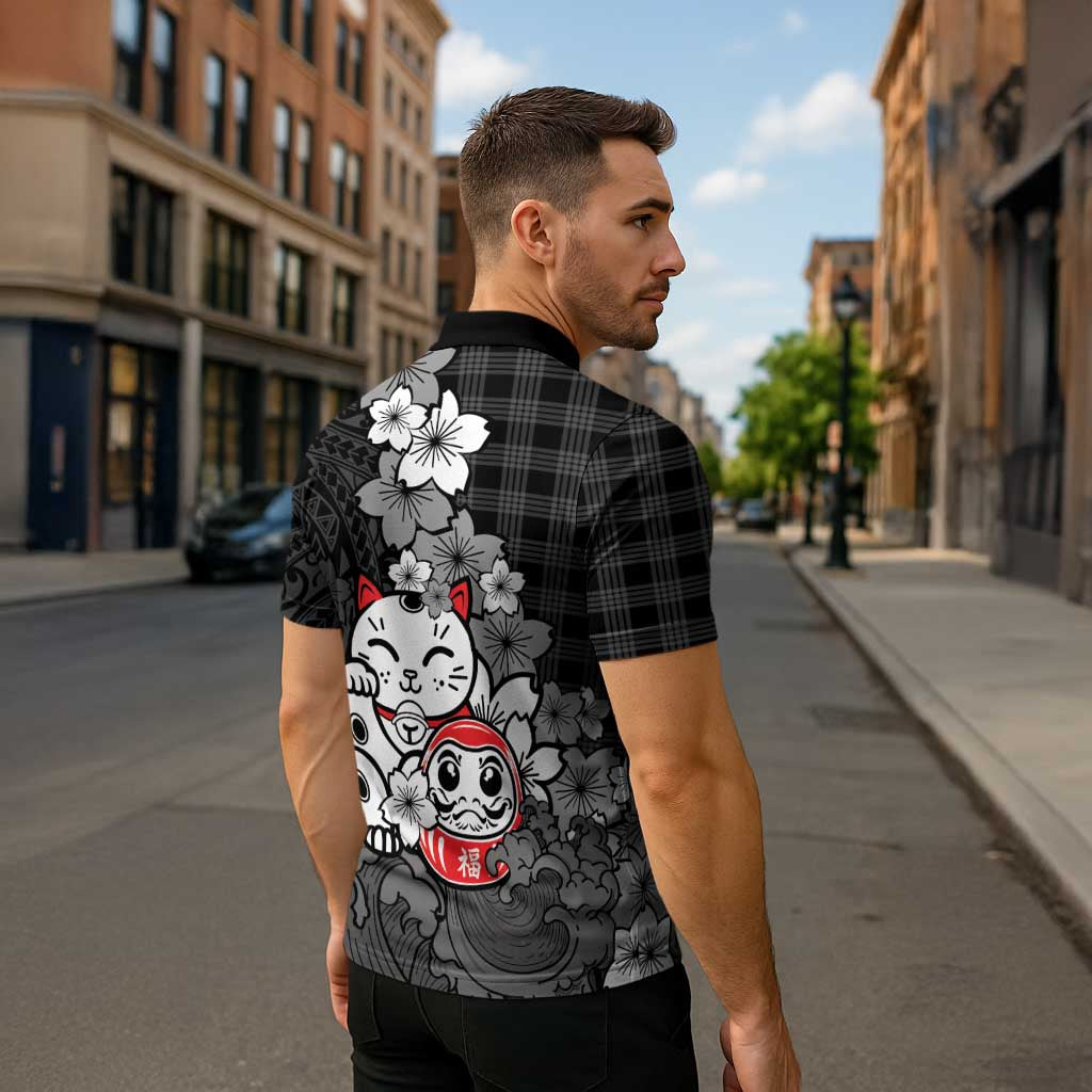 Black Palaka Hawaiian And Japanese Zipper Polo Shirt Maneki Neko And Sakura Bloom