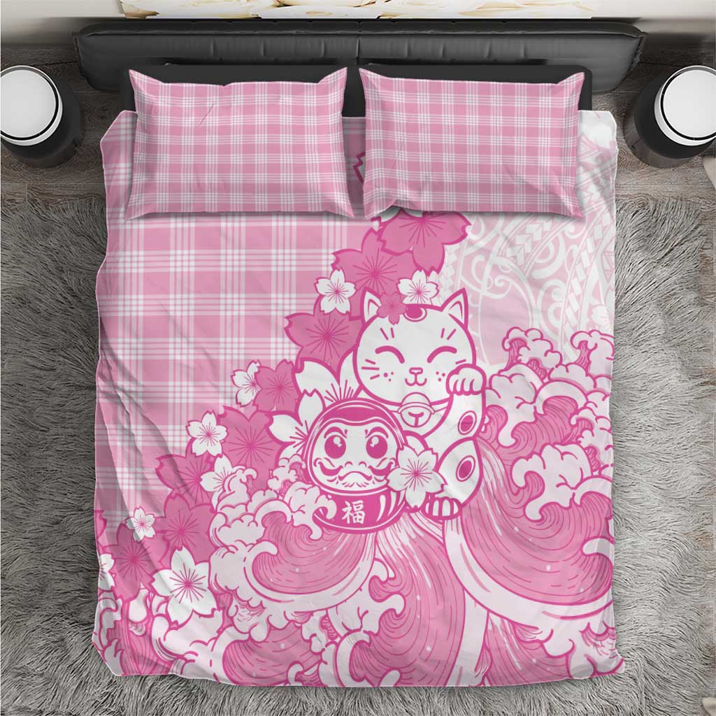 Pink Palaka Hawaiian And Japanese Bedding Set Maneki Neko And Sakura Bloom
