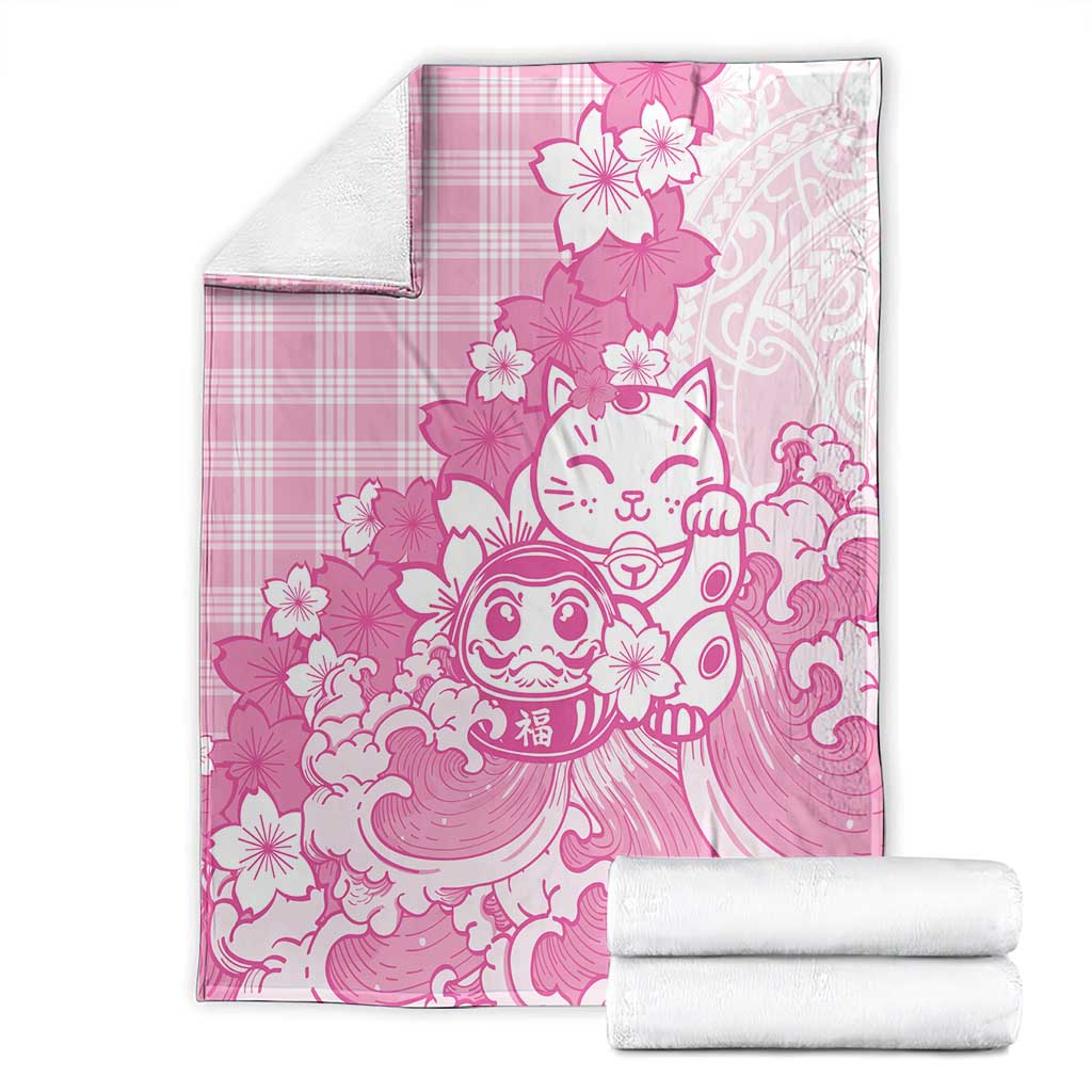 Pink Palaka Hawaiian And Japanese Blanket Maneki Neko And Sakura Bloom