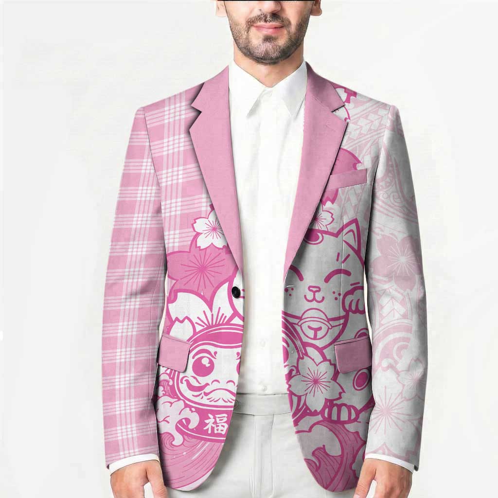 Pink Palaka Hawaiian And Japanese Blazer Maneki Neko And Sakura Bloom
