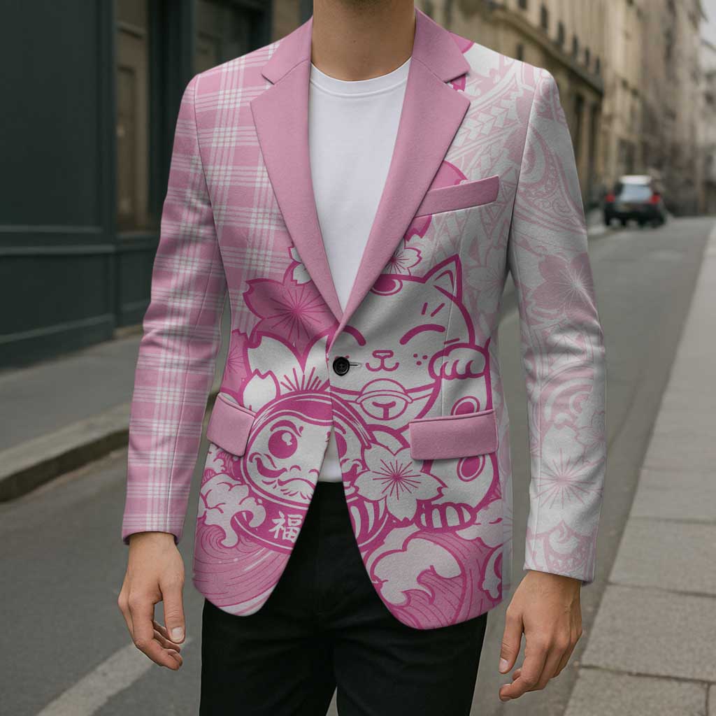 Pink Palaka Hawaiian And Japanese Blazer Maneki Neko And Sakura Bloom