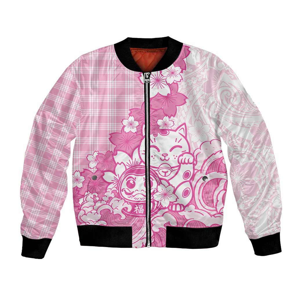 Pink Palaka Hawaiian And Japanese Bomber Jacket Maneki Neko And Sakura Bloom