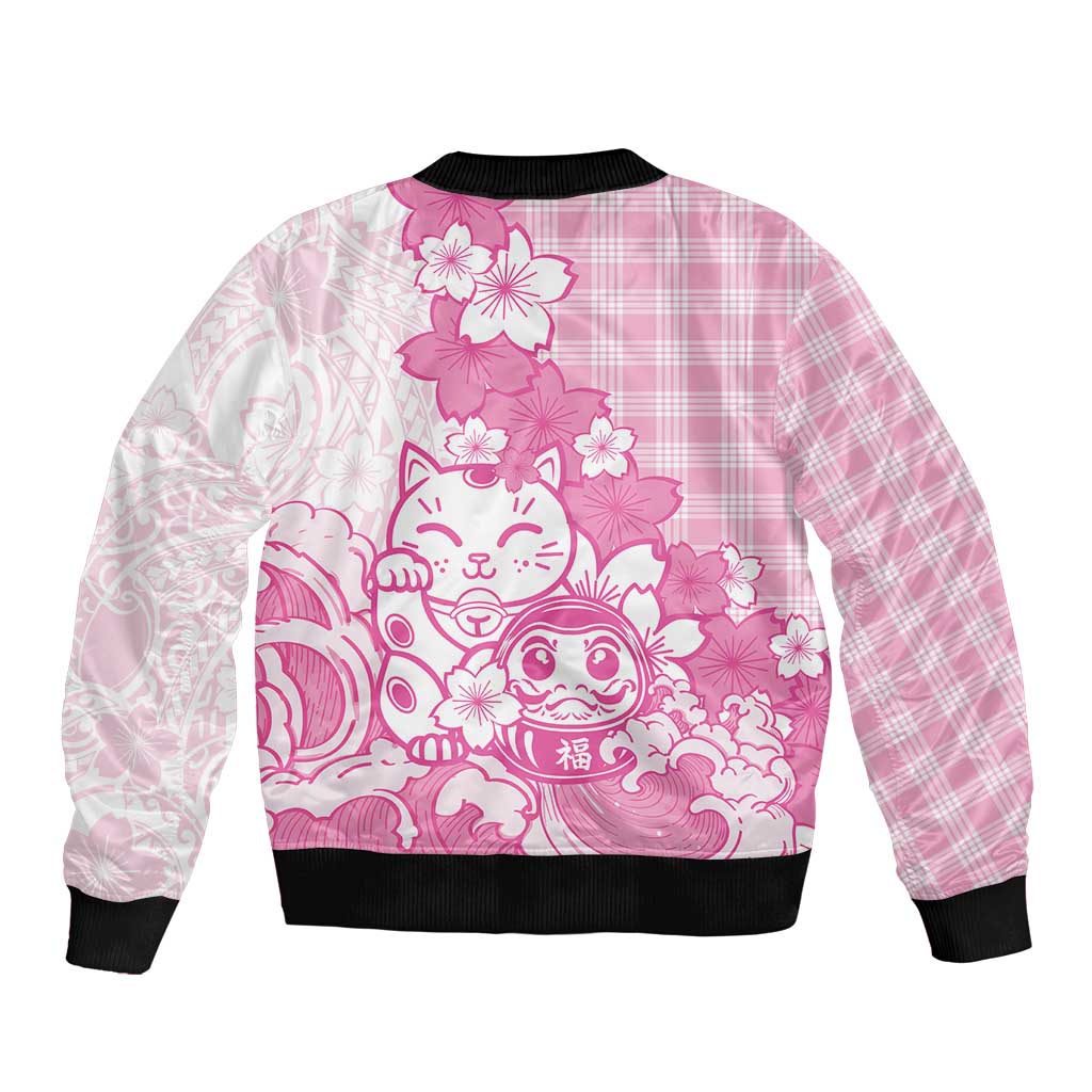 Pink Palaka Hawaiian And Japanese Bomber Jacket Maneki Neko And Sakura Bloom