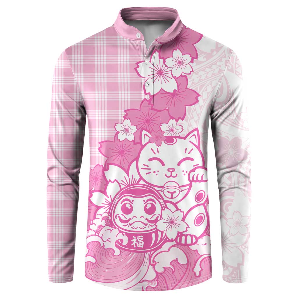 Pink Palaka Hawaiian And Japanese Button Sweatshirt Maneki Neko And Sakura Bloom
