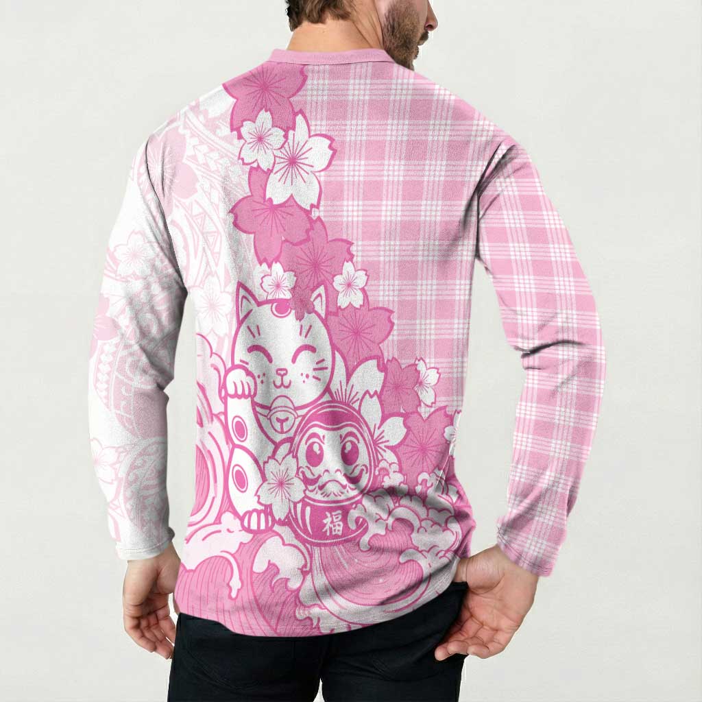 Pink Palaka Hawaiian And Japanese Button Sweatshirt Maneki Neko And Sakura Bloom