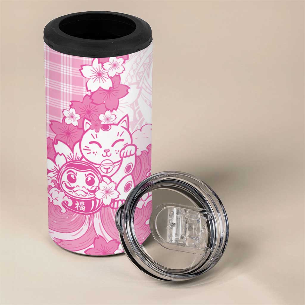 Pink Palaka Hawaiian And Japanese 4 in 1 Can Cooler Tumbler Maneki Neko And Sakura Bloom DT05 - Polynesian Pride