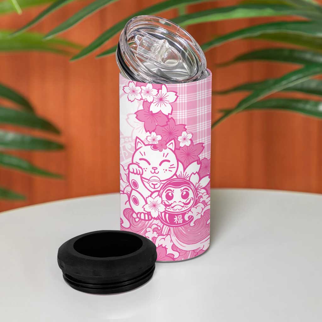Pink Palaka Hawaiian And Japanese 4 in 1 Can Cooler Tumbler Maneki Neko And Sakura Bloom DT05 - Polynesian Pride