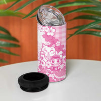 Pink Palaka Hawaiian And Japanese 4 in 1 Can Cooler Tumbler Maneki Neko And Sakura Bloom DT05 - Polynesian Pride