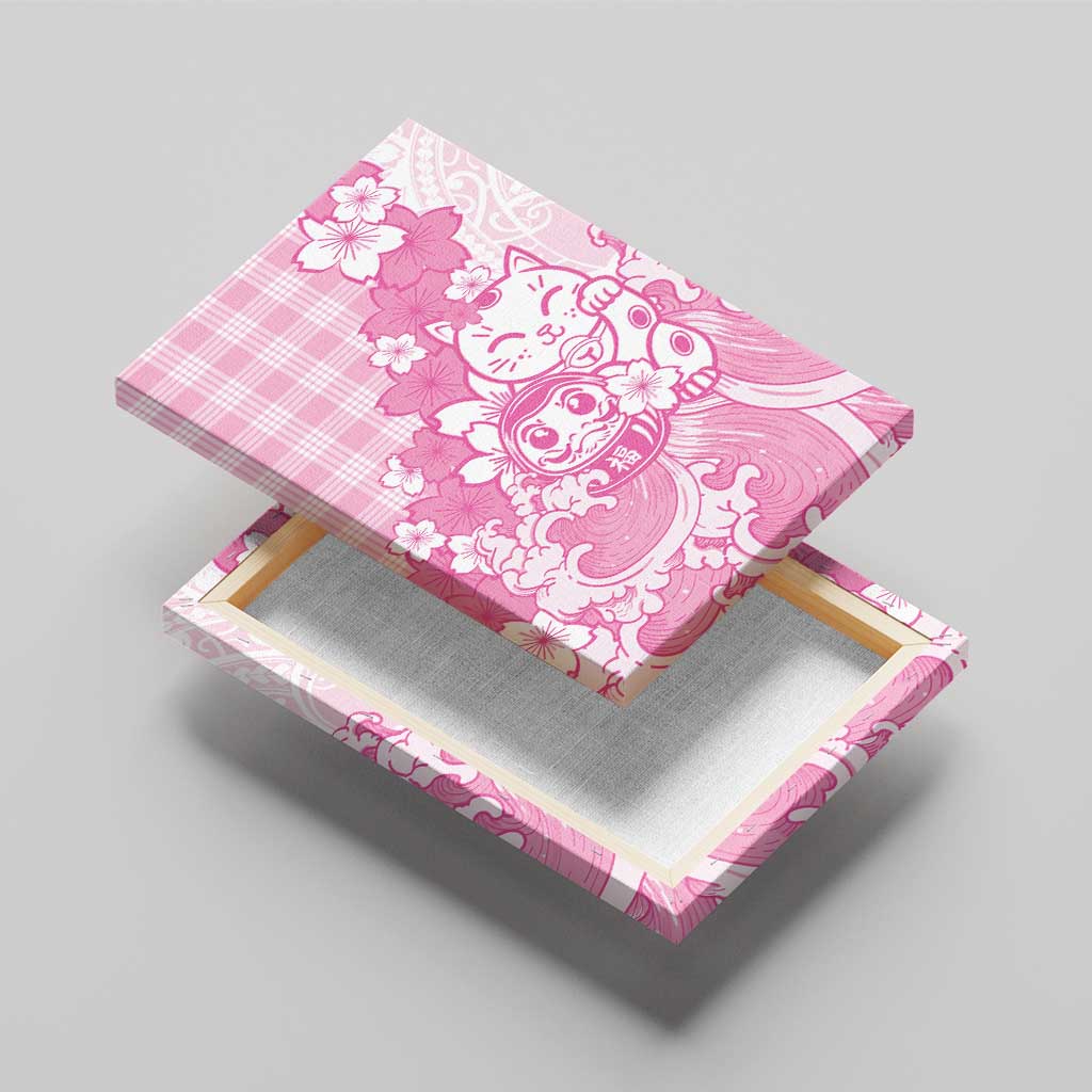 Pink Palaka Hawaiian And Japanese Canvas Wall Art Maneki Neko And Sakura Bloom