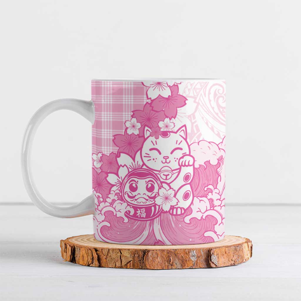 Pink Palaka Hawaiian And Japanese Ceramic Mug Maneki Neko And Sakura Bloom