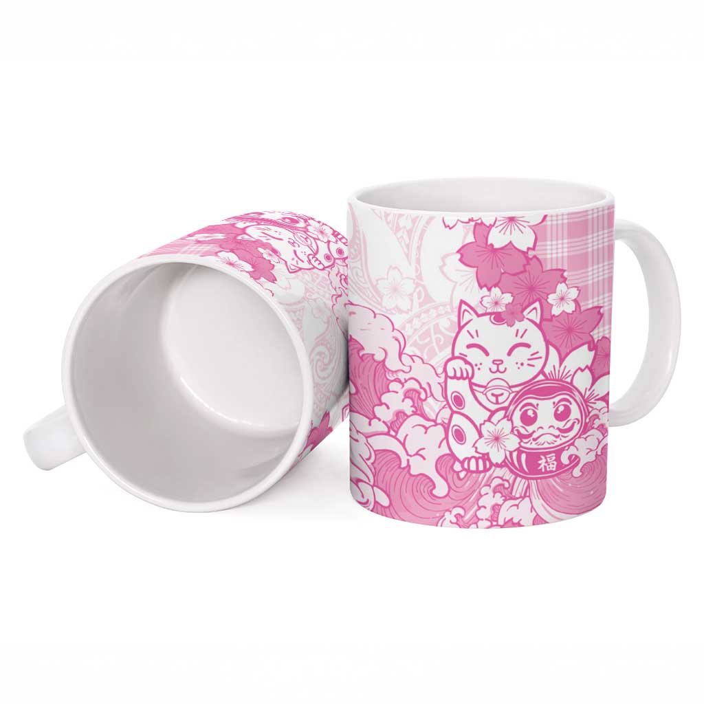 Pink Palaka Hawaiian And Japanese Ceramic Mug Maneki Neko And Sakura Bloom