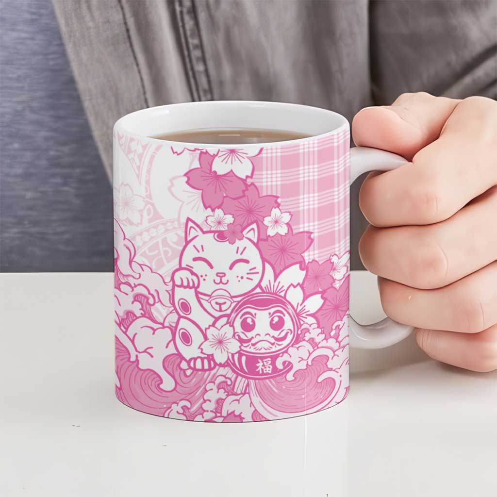 Pink Palaka Hawaiian And Japanese Ceramic Mug Maneki Neko And Sakura Bloom