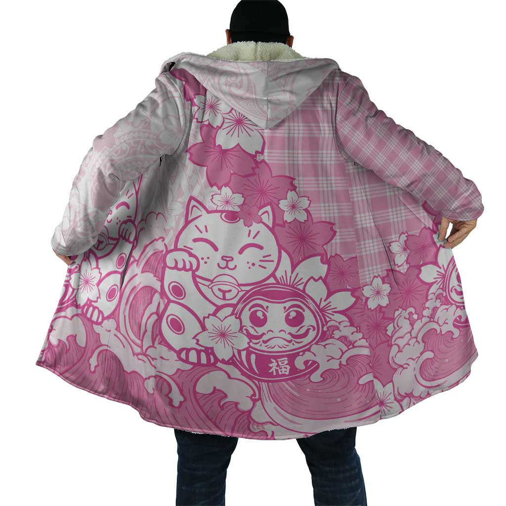 Pink Palaka Hawaiian And Japanese Cloak Maneki Neko And Sakura Bloom
