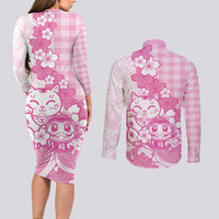 Pink Palaka Hawaiian And Japanese Couples Matching Long Sleeve Bodycon Dress and Long Sleeve Button Shirt Maneki Neko And Sakura Bloom DT05 - Polynesian Pride