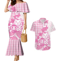 Pink Palaka Hawaiian And Japanese Couples Matching Mermaid Dress and Hawaiian Shirt Maneki Neko And Sakura Bloom DT05 Pink - Polynesian Pride