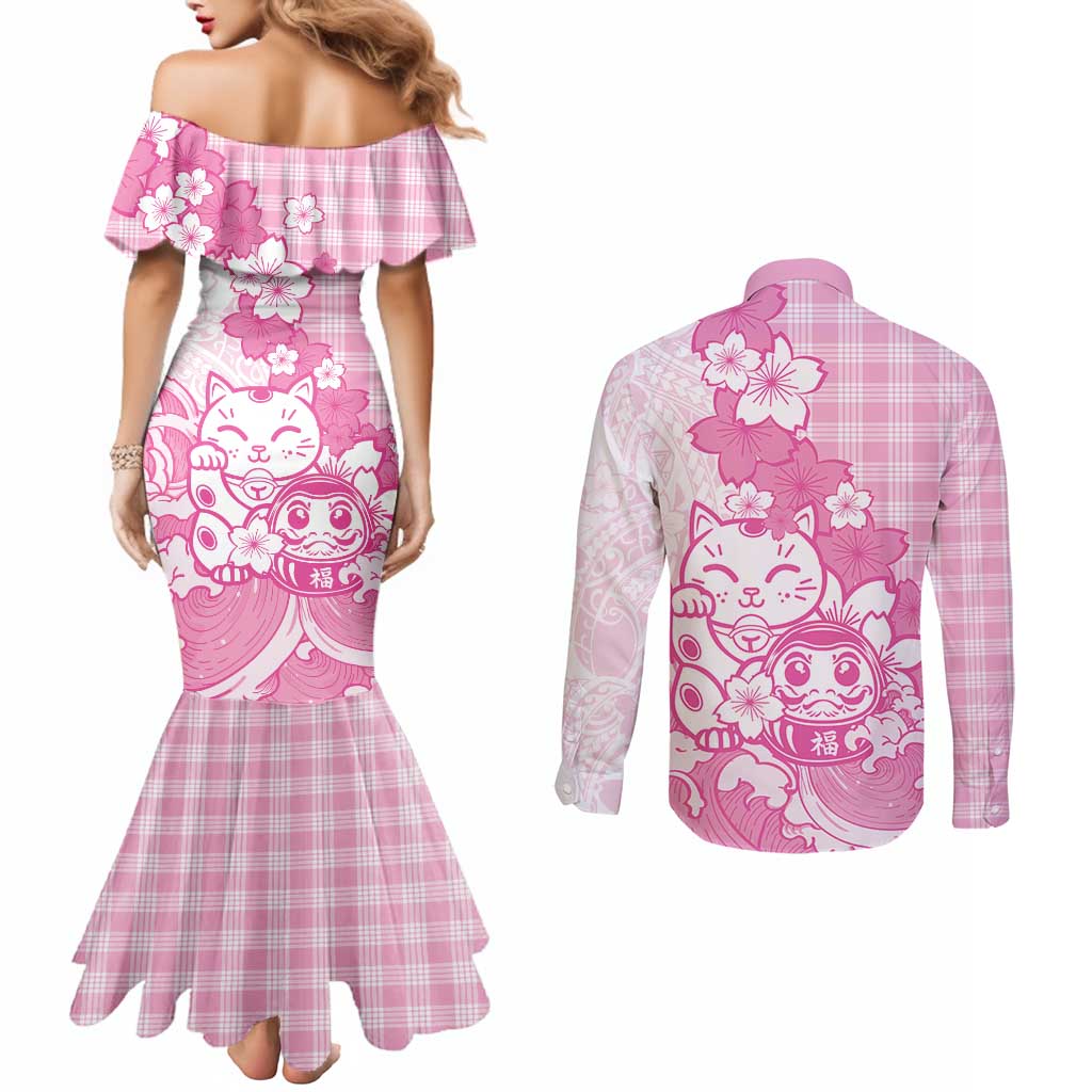 Pink Palaka Hawaiian And Japanese Couples Matching Mermaid Dress and Long Sleeve Button Shirt Maneki Neko And Sakura Bloom DT05 - Polynesian Pride