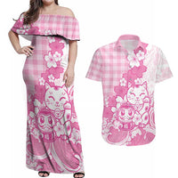 Pink Palaka Hawaiian And Japanese Couples Matching Off Shoulder Maxi Dress and Hawaiian Shirt Maneki Neko And Sakura Bloom DT05 Pink - Polynesian Pride