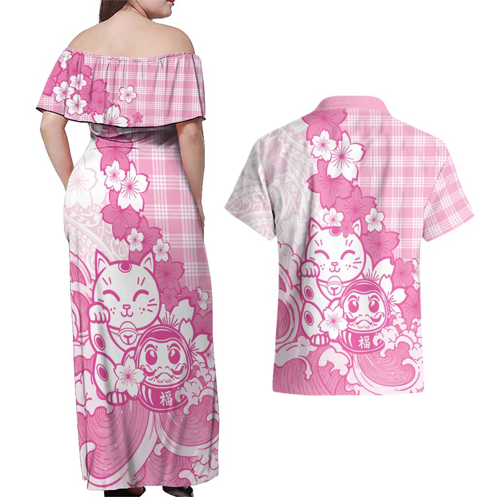 Pink Palaka Hawaiian And Japanese Couples Matching Off Shoulder Maxi Dress and Hawaiian Shirt Maneki Neko And Sakura Bloom DT05 - Polynesian Pride