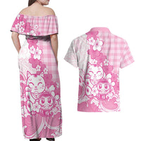 Pink Palaka Hawaiian And Japanese Couples Matching Off Shoulder Maxi Dress and Hawaiian Shirt Maneki Neko And Sakura Bloom DT05 - Polynesian Pride