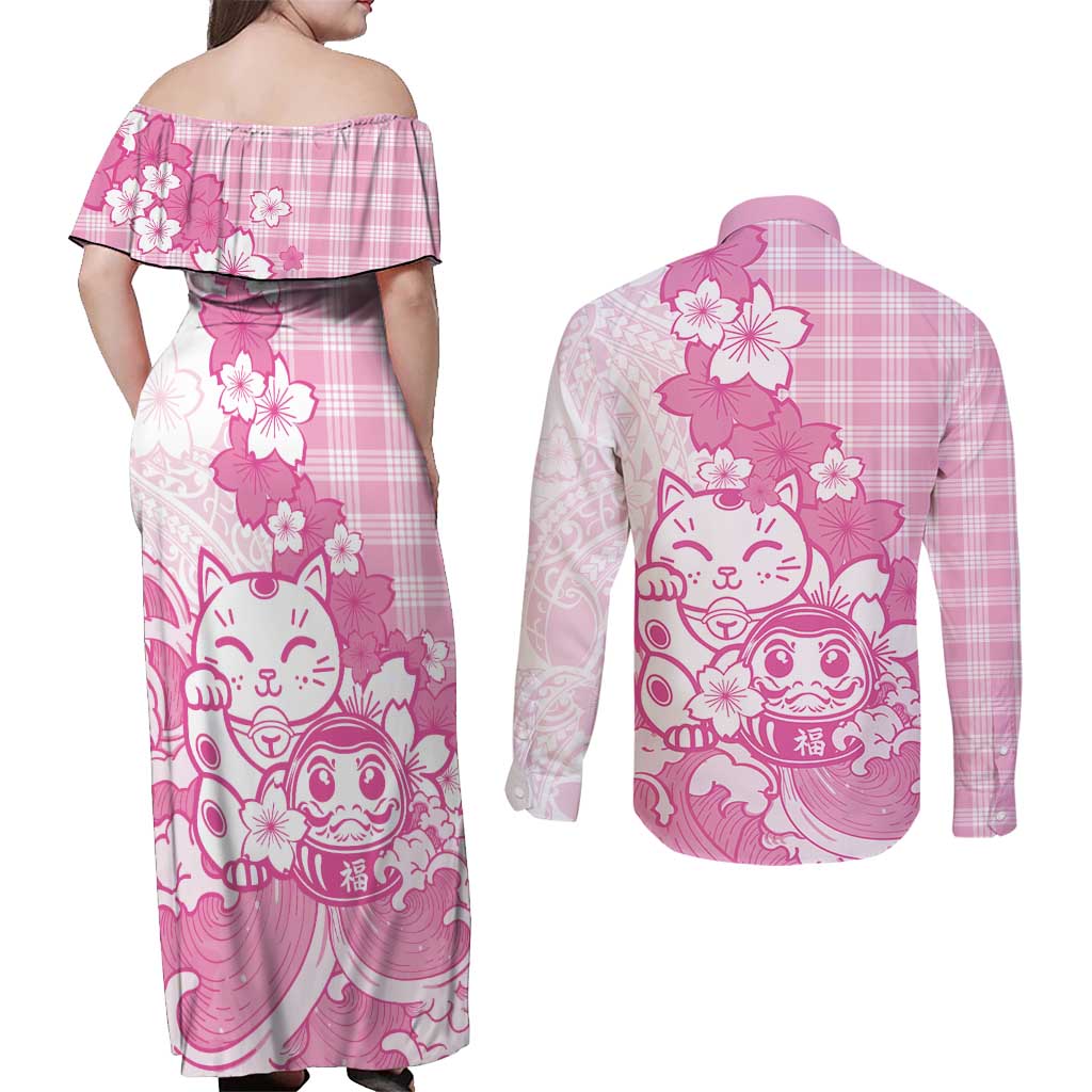 Pink Palaka Hawaiian And Japanese Couples Matching Off Shoulder Maxi Dress and Long Sleeve Button Shirt Maneki Neko And Sakura Bloom DT05 - Polynesian Pride