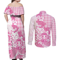 Pink Palaka Hawaiian And Japanese Couples Matching Off Shoulder Maxi Dress and Long Sleeve Button Shirt Maneki Neko And Sakura Bloom DT05 - Polynesian Pride