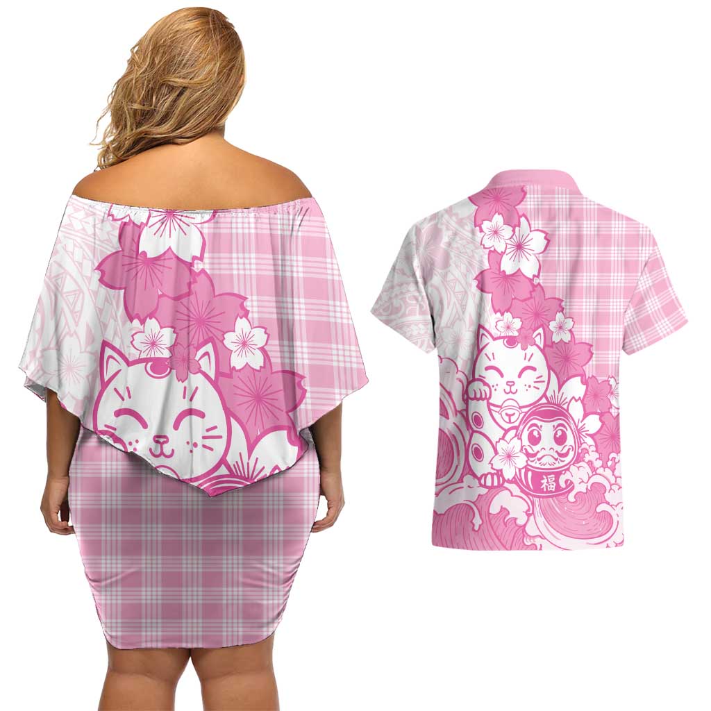 Pink Palaka Hawaiian And Japanese Couples Matching Off Shoulder Short Dress and Hawaiian Shirt Maneki Neko And Sakura Bloom DT05 - Polynesian Pride