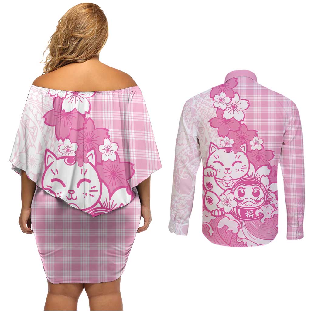 Pink Palaka Hawaiian And Japanese Couples Matching Off Shoulder Short Dress and Long Sleeve Button Shirt Maneki Neko And Sakura Bloom DT05 - Polynesian Pride