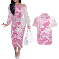 Pink Palaka Hawaiian And Japanese Couples Matching Off The Shoulder Long Sleeve Dress and Hawaiian Shirt Maneki Neko And Sakura Bloom DT05 Pink - Polynesian Pride