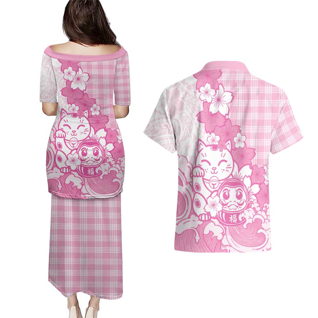 Pink Palaka Hawaiian And Japanese Couples Matching Puletasi and Hawaiian Shirt Maneki Neko And Sakura Bloom DT05 - Polynesian Pride
