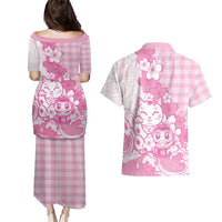 Pink Palaka Hawaiian And Japanese Couples Matching Puletasi and Hawaiian Shirt Maneki Neko And Sakura Bloom DT05 - Polynesian Pride