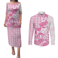 Pink Palaka Hawaiian And Japanese Couples Matching Puletasi and Long Sleeve Button Shirt Maneki Neko And Sakura Bloom DT05 Pink - Polynesian Pride